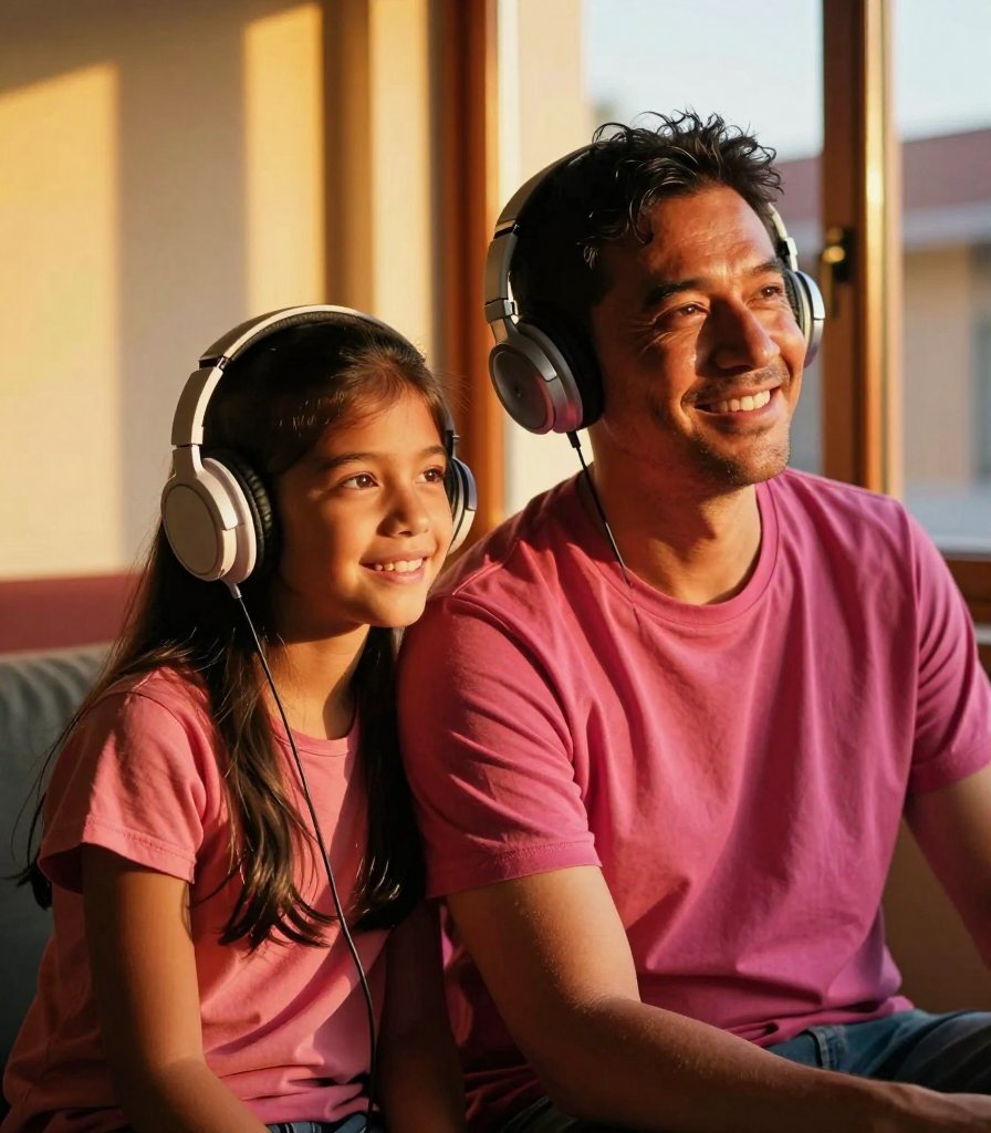 A father and his daughter listening to music together